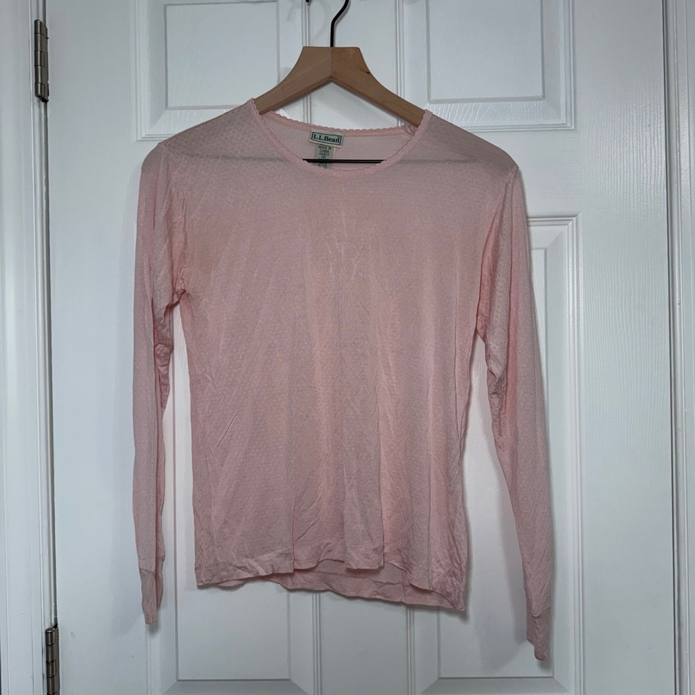 Vintage LL Bean Women 100% Silk Pointelle Long Sleeve Base Layer Top Pink Small